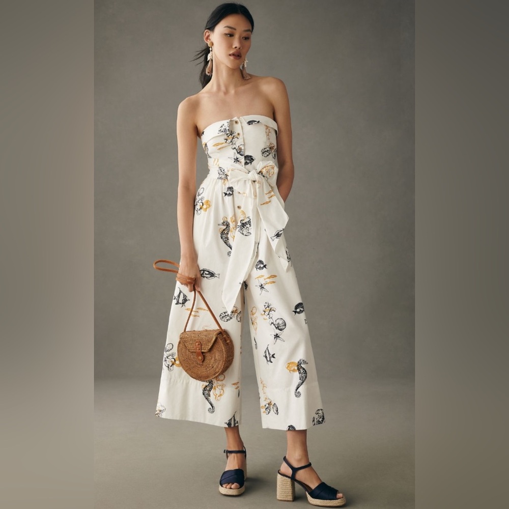 NWT Anthropologie ivory strapless button down wide leg jumpsuit